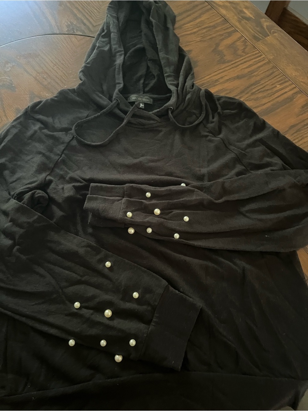 Saks 5th Avenue Women's Hoodie Black L Pullover Hooded -Pearl Sleeves # 621